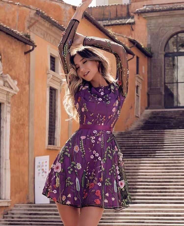 Amazon independent station lace sexy mesh embroidery dress Bohemia women's floral dress