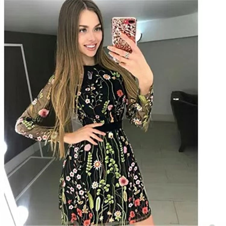 Amazon independent station lace sexy mesh embroidery dress Bohemia women's floral dress