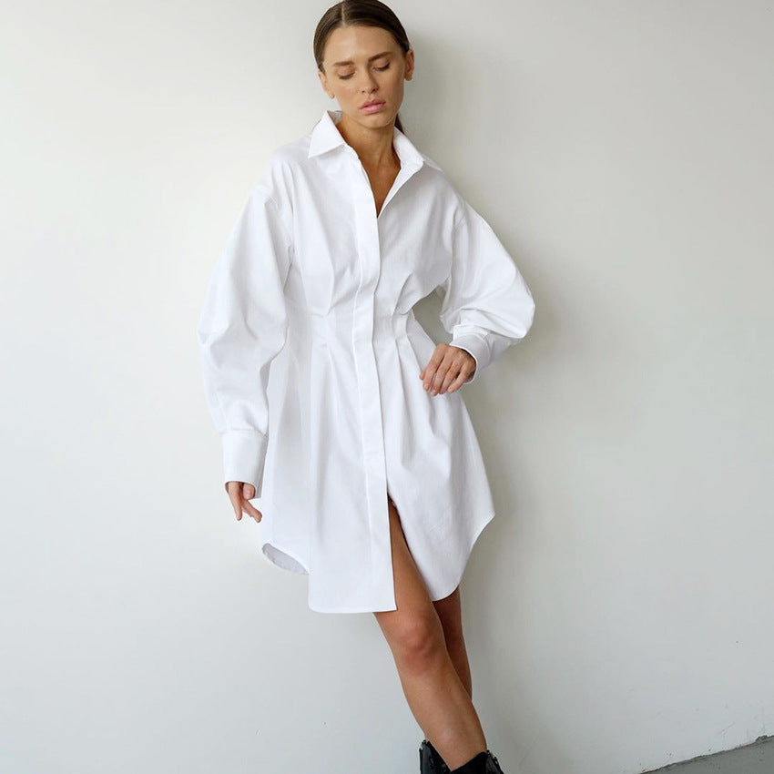 2026 spring women's French shirt skirt slim waist temperament slim long-sleeved slim European and American retro niche dress