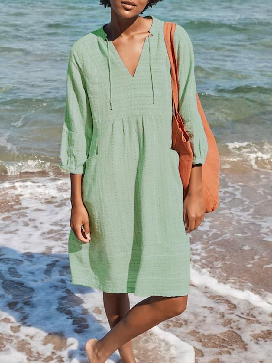 2026 Spring European and American New Jacquard Cotton and Linen Dress Amazon Hot Item V-neck Casual Loose Pocket Dress