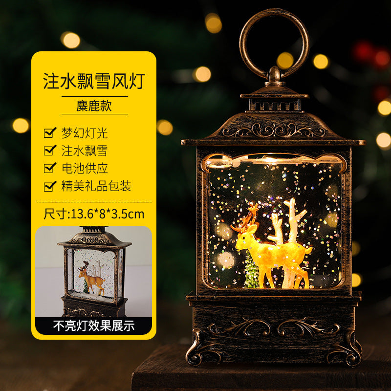 Christmas decorations, illuminated interior scene, water-filled flat round lanterns, electronic candles, flame lights, scene setup.