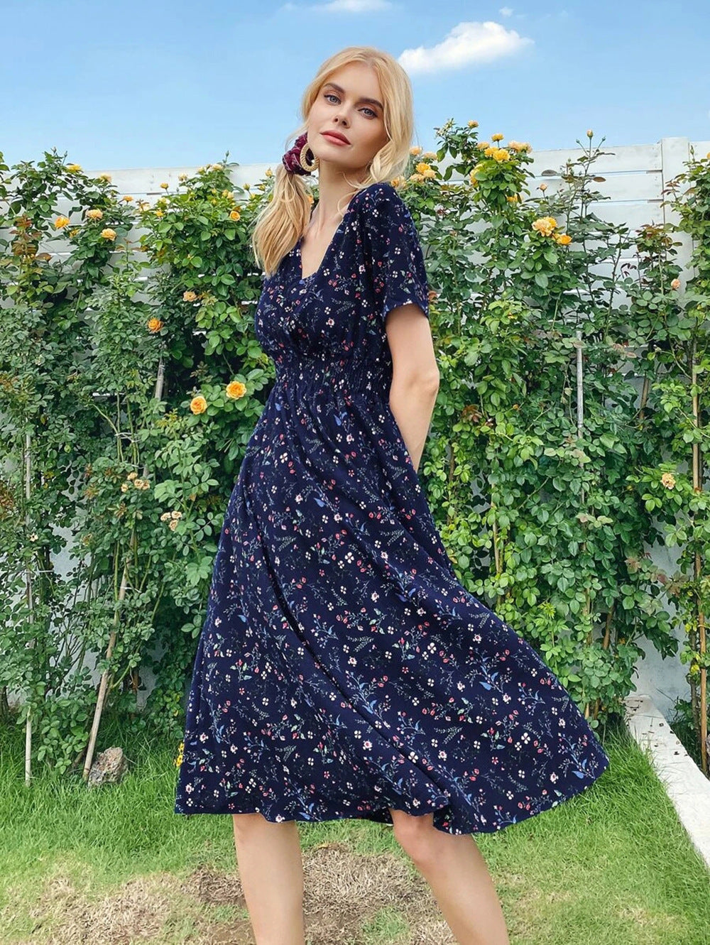 Amazon foreign trade women's clothing Europe and the United States Europe station cross-border summer small floral print short-sleeved dress