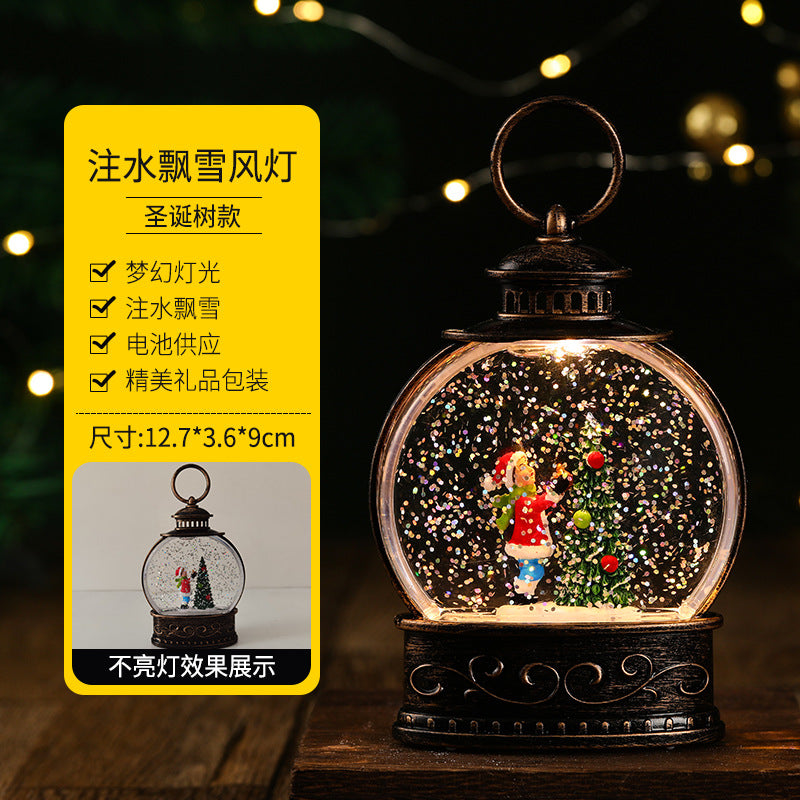Christmas decorations, illuminated interior scene, water-filled flat round lanterns, electronic candles, flame lights, scene setup.