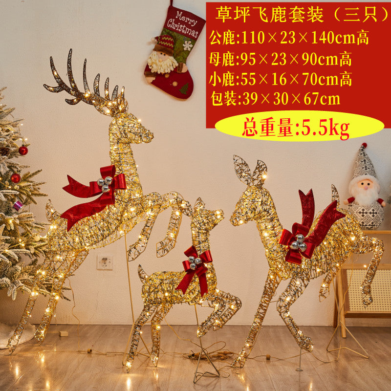 Christmas glowing deer decoration for shopping malls, outdoor wrought iron deer with lights, lawn and yard lighting, Christmas deer pulling a sleigh ornament.