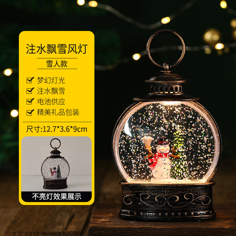 Christmas decorations, illuminated interior scene, water-filled flat round lanterns, electronic candles, flame lights, scene setup.
