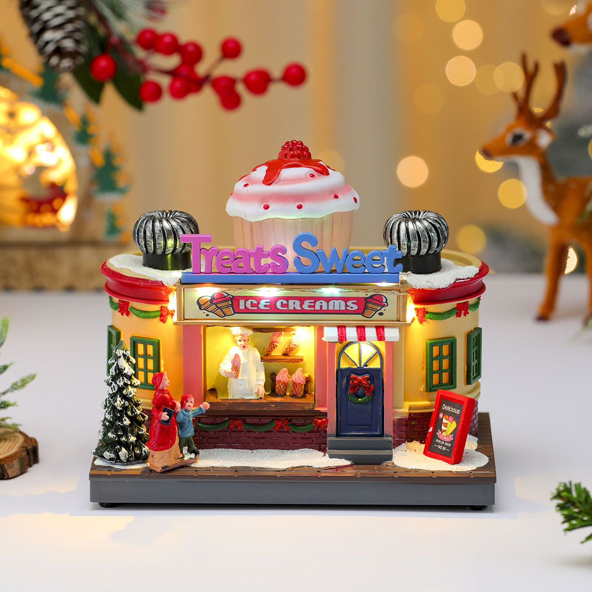 Multiple Christmas rotating resin light-up music box ornaments, rotating train decorations, Christmas gifts.