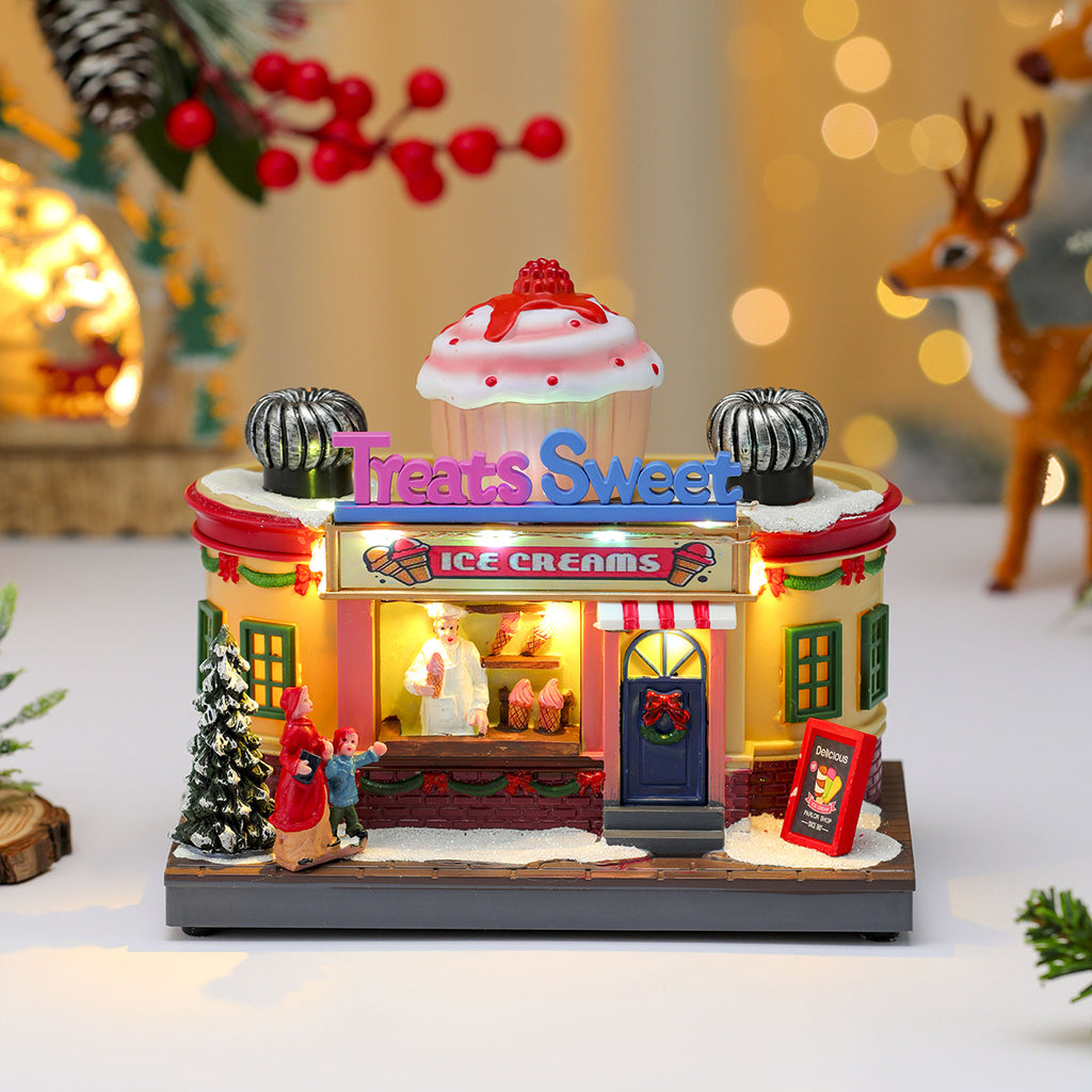 Multiple Christmas rotating resin light-up music box ornaments, rotating train decorations, Christmas gifts.