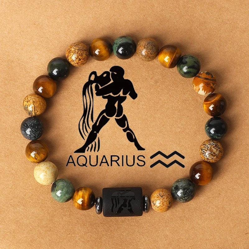 Fashion hot sale twelve constellations natural stone beaded bracelet tiger eye stone picture stone crystal bracelet wholesale bracelet