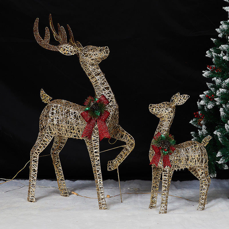 Christmas glowing deer decoration for shopping malls, outdoor wrought iron deer with lights, lawn and yard lighting, Christmas deer pulling a sleigh ornament.