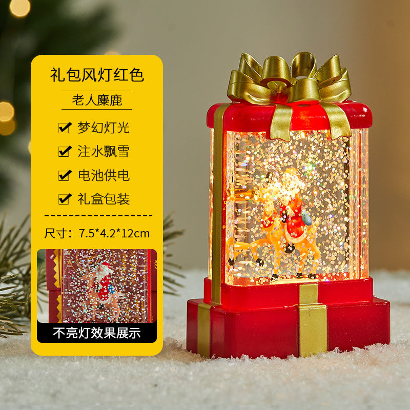 Christmas decorations, illuminated interior scene, water-filled flat round lanterns, electronic candles, flame lights, scene setup.