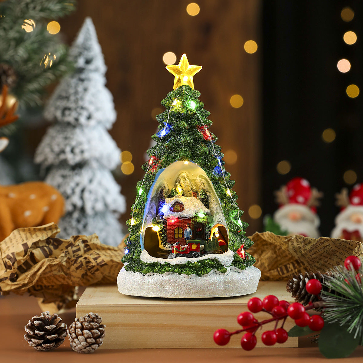 Multiple Christmas rotating resin light-up music box ornaments, rotating train decorations, Christmas gifts.