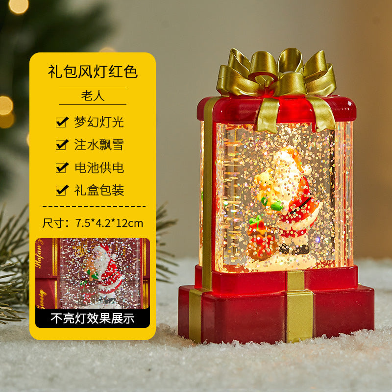 Christmas decorations, illuminated interior scene, water-filled flat round lanterns, electronic candles, flame lights, scene setup.