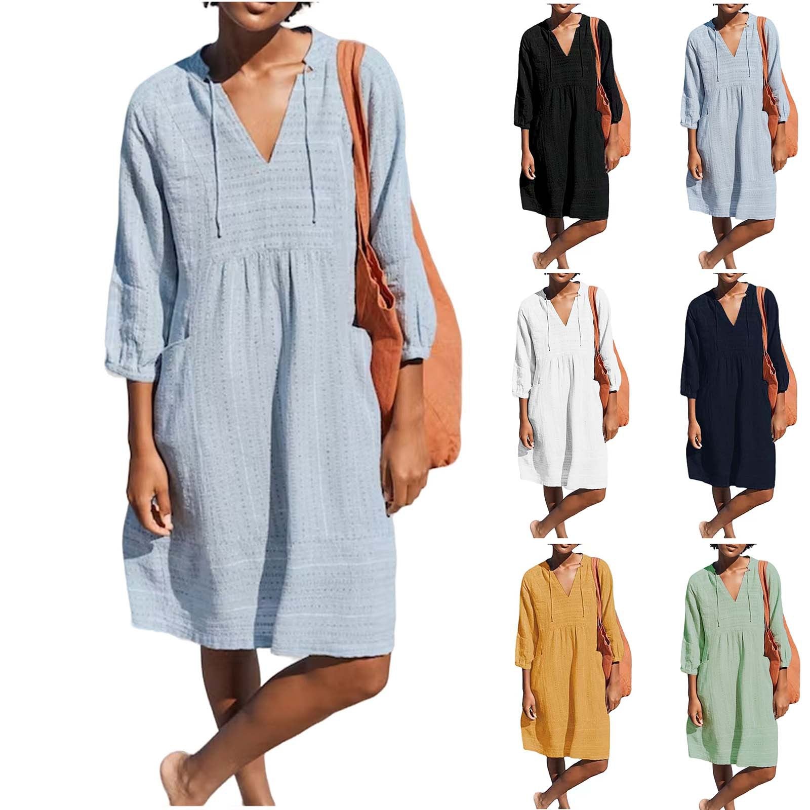 2026 Spring European and American New Jacquard Cotton and Linen Dress Amazon Hot Item V-neck Casual Loose Pocket Dress