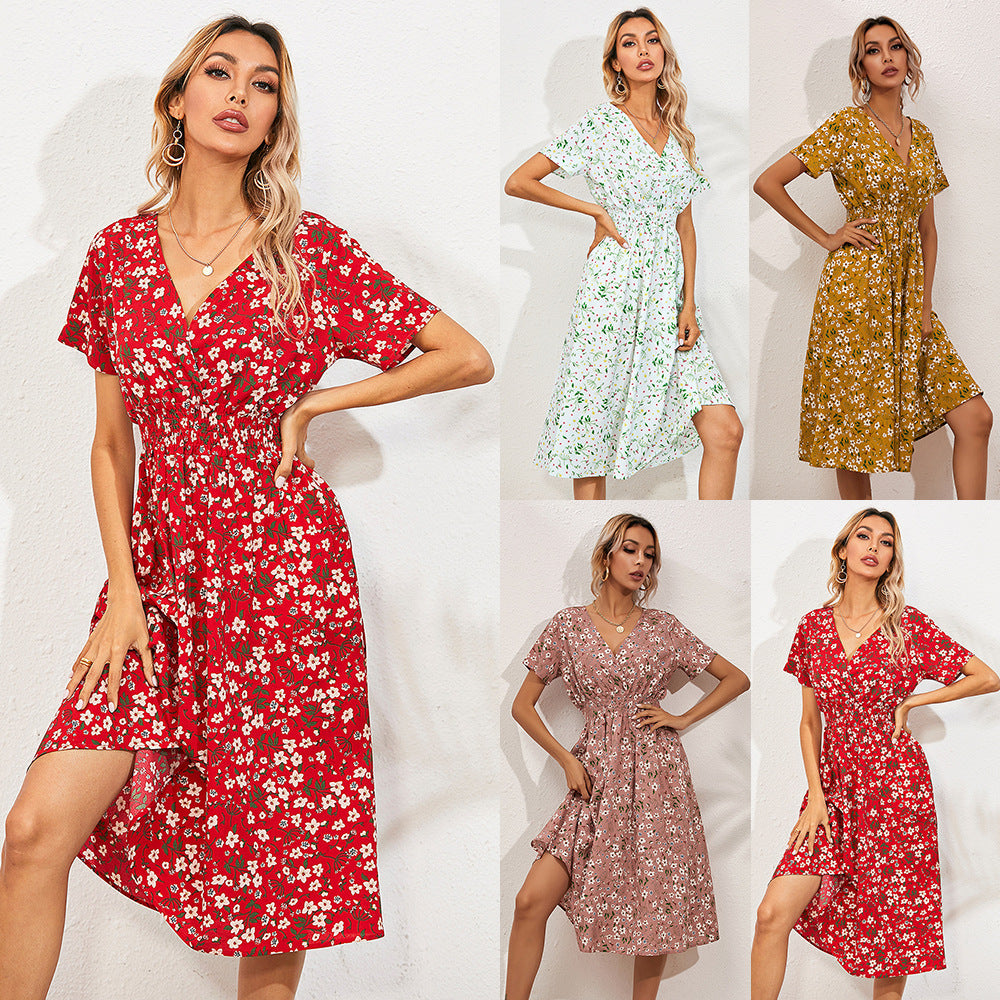 Amazon foreign trade women's clothing Europe and the United States Europe station cross-border summer small floral print short-sleeved dress