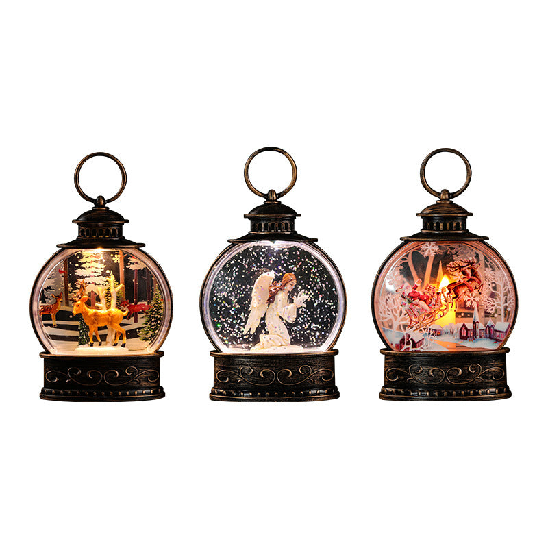Christmas decorations, illuminated interior scene, water-filled flat round lanterns, electronic candles, flame lights, scene setup.