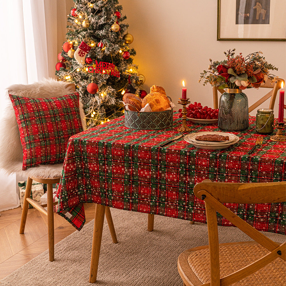 Christmas checkered snowflake printed rectangular coffee tablecloth, Christmas decorative tablecloth, atmospheric backdrop