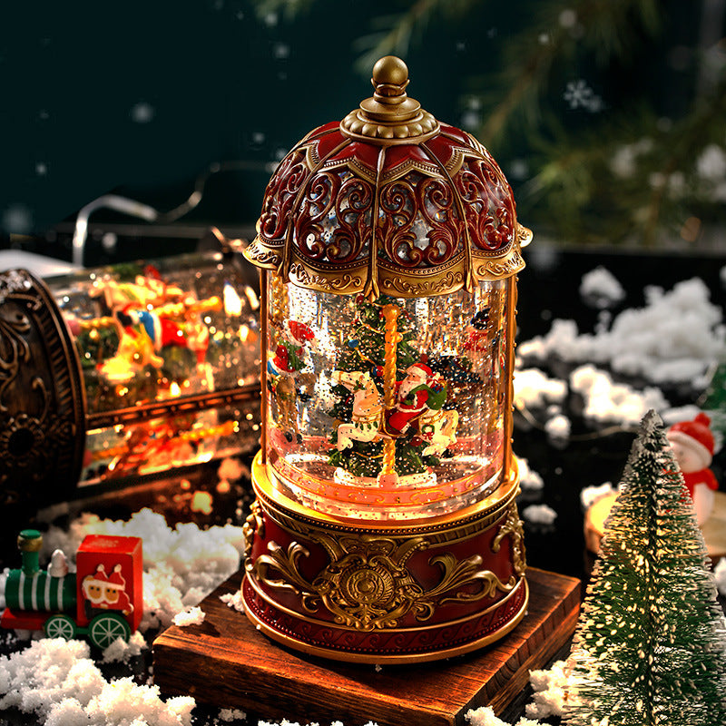Christmas carousel, old man tree, music box, crystal ball, music box with snow effects, retro children's birthday gift.