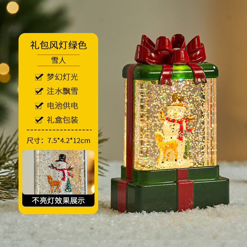 Christmas decorations, illuminated interior scene, water-filled flat round lanterns, electronic candles, flame lights, scene setup.