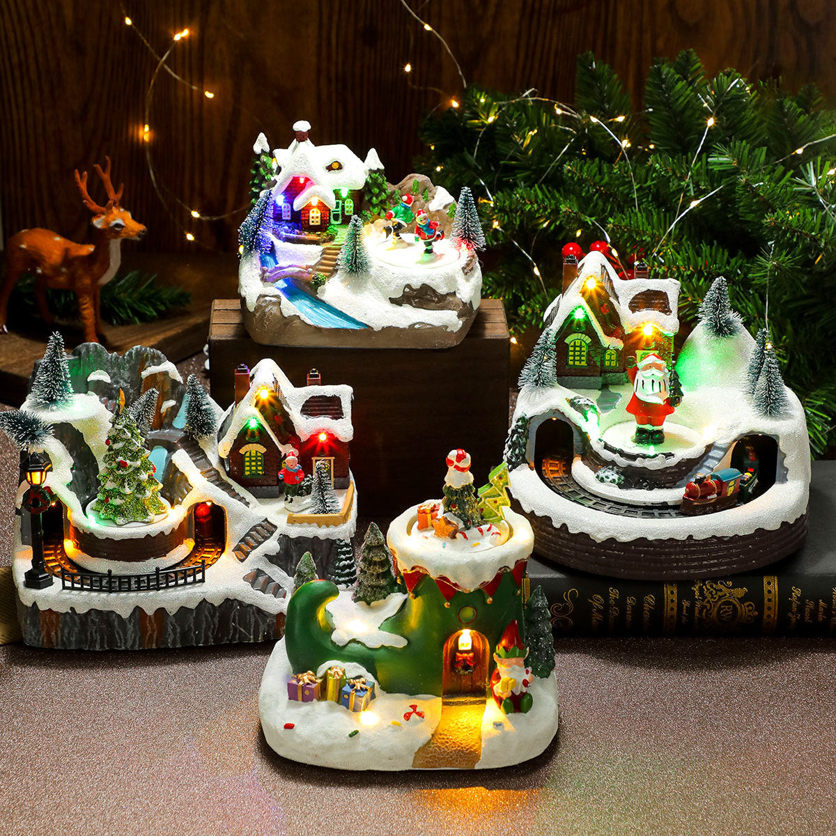 Multiple Christmas rotating resin light-up music box ornaments, rotating train decorations, Christmas gifts.