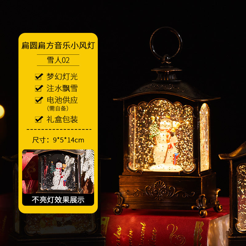 Christmas decorations, illuminated interior scene, water-filled flat round lanterns, electronic candles, flame lights, scene setup.