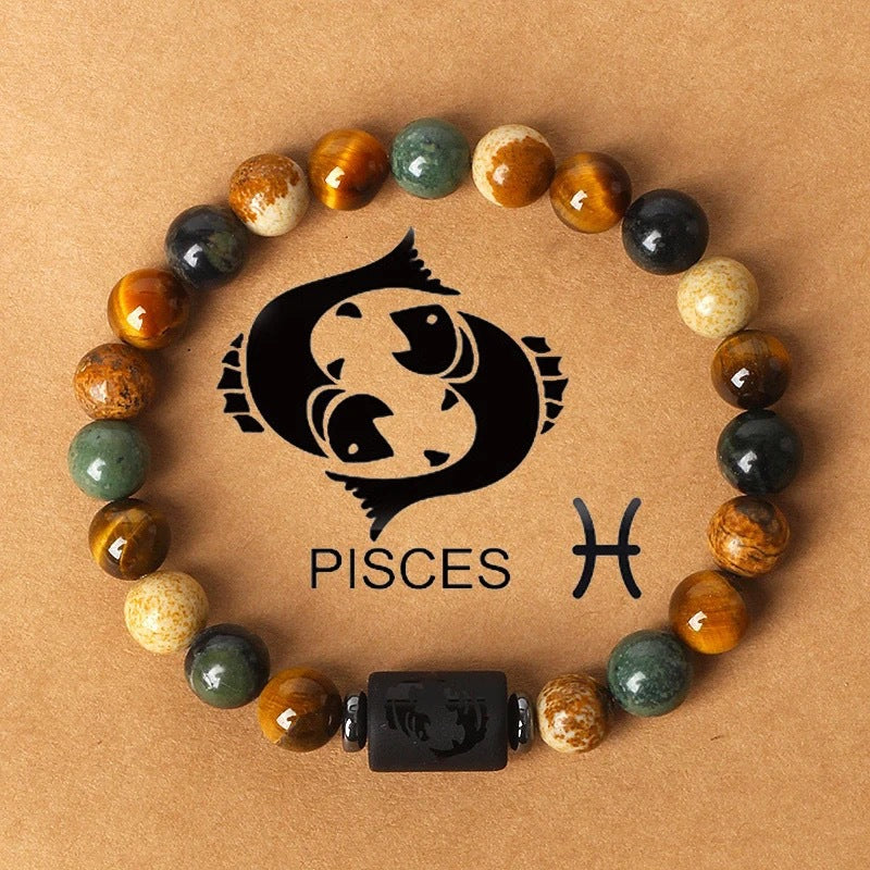 Fashion hot sale twelve constellations natural stone beaded bracelet tiger eye stone picture stone crystal bracelet wholesale bracelet