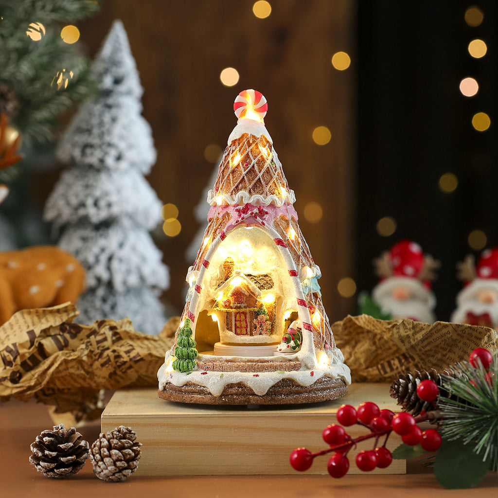 Multiple Christmas rotating resin light-up music box ornaments, rotating train decorations, Christmas gifts.