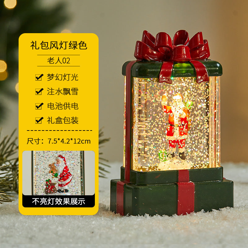 Christmas decorations, illuminated interior scene, water-filled flat round lanterns, electronic candles, flame lights, scene setup.