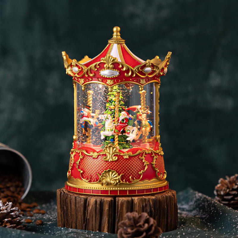 Christmas carousel, old man tree, music box, crystal ball, music box with snow effects, retro children's birthday gift.