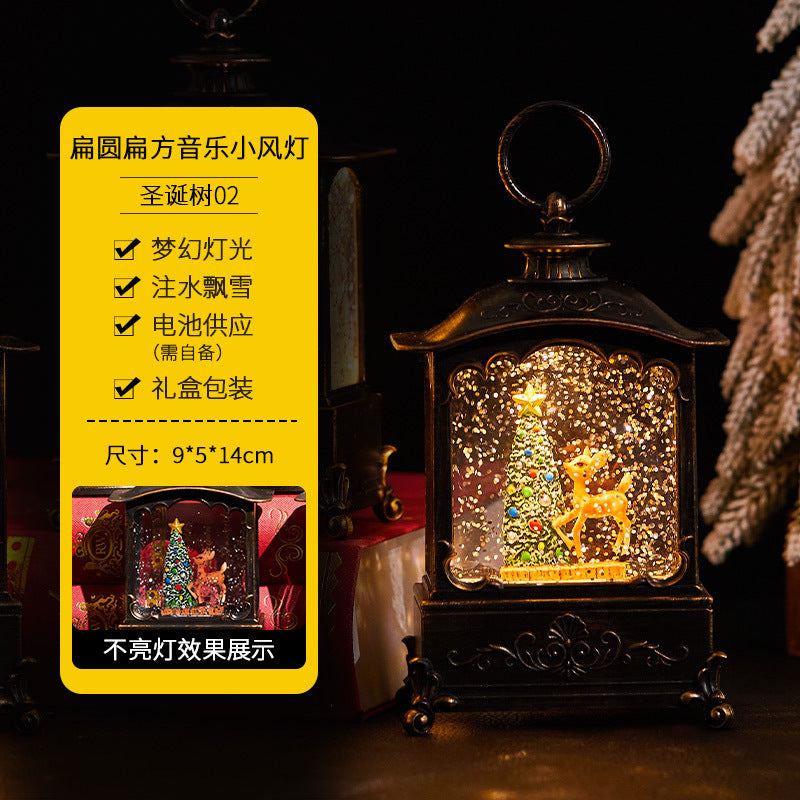 Christmas decorations, illuminated interior scene, water-filled flat round lanterns, electronic candles, flame lights, scene setup.