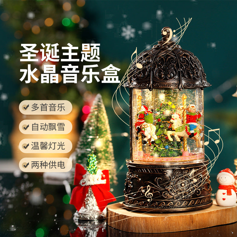 Christmas carousel, old man tree, music box, crystal ball, music box with snow effects, retro children's birthday gift.