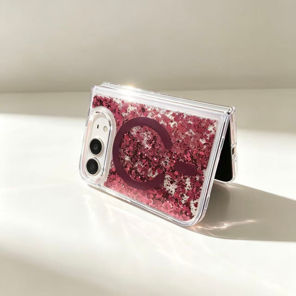 Simple magnetic quicksand cherry red Apple iPhone 18 Duo case, foldable and drop-proof.