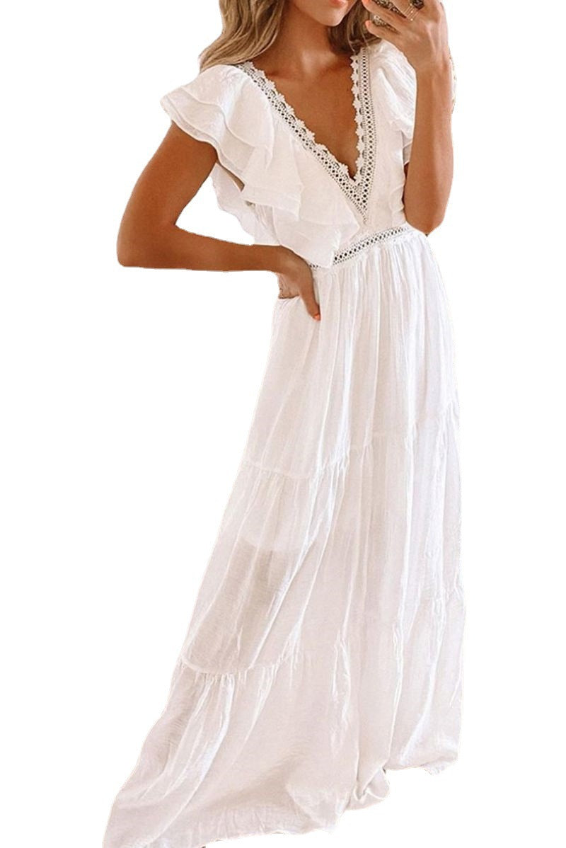 2026 European and American spring and summer new short-sleeved dress for women Amazon foreign trade white lace V-neck long dress