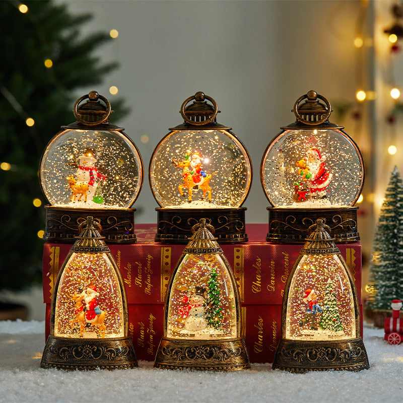 Christmas decorations, illuminated interior scene, water-filled flat round lanterns, electronic candles, flame lights, scene setup.