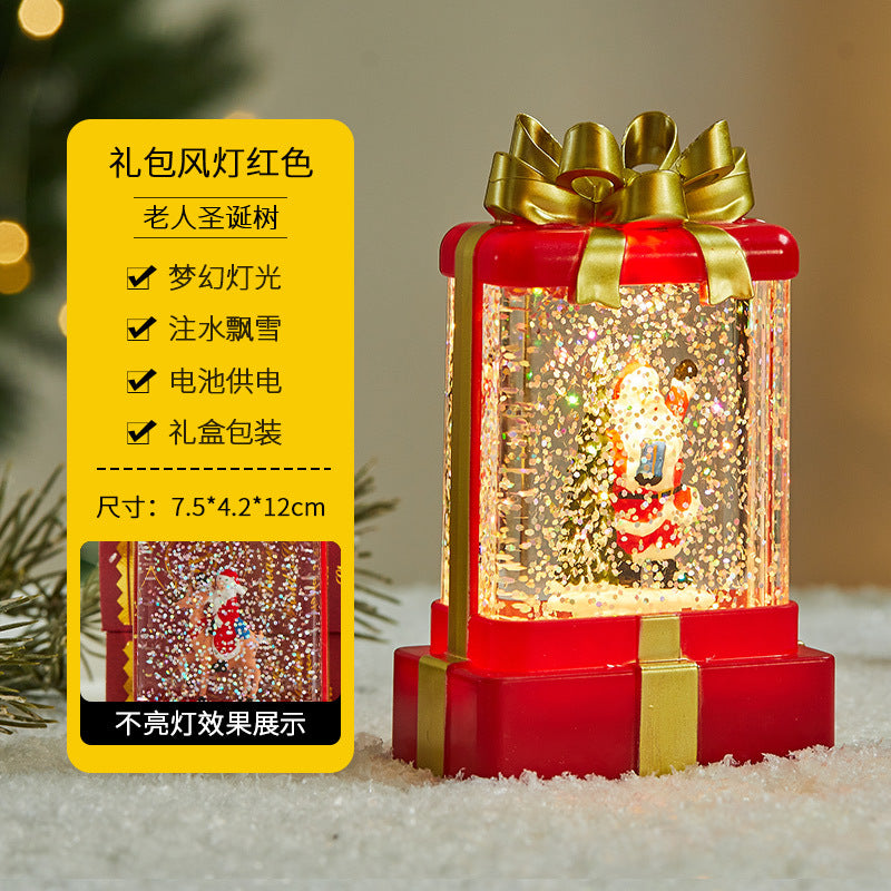 Christmas decorations, illuminated interior scene, water-filled flat round lanterns, electronic candles, flame lights, scene setup.
