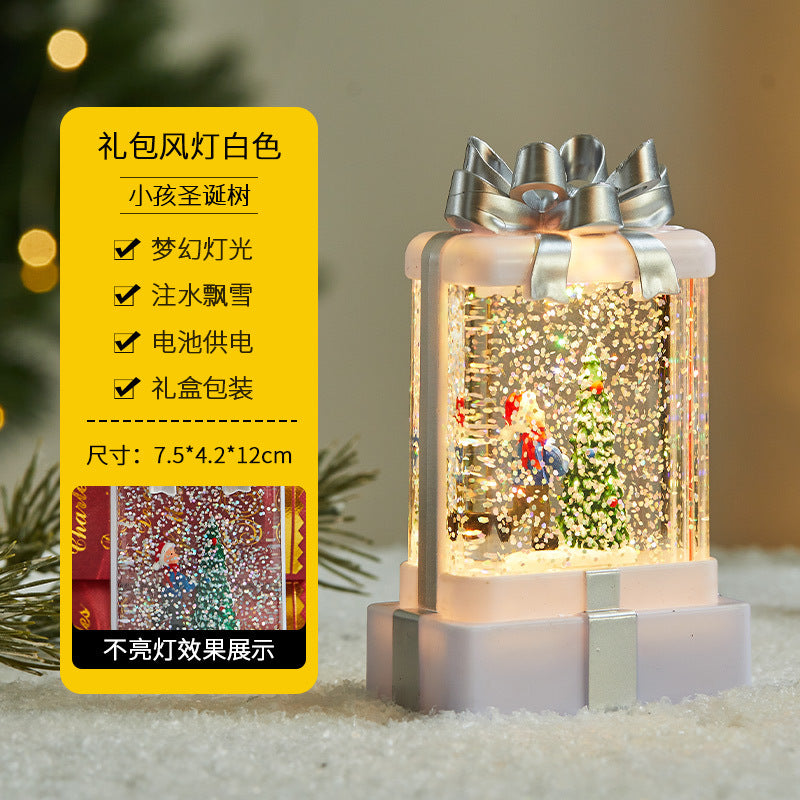 Christmas decorations, illuminated interior scene, water-filled flat round lanterns, electronic candles, flame lights, scene setup.