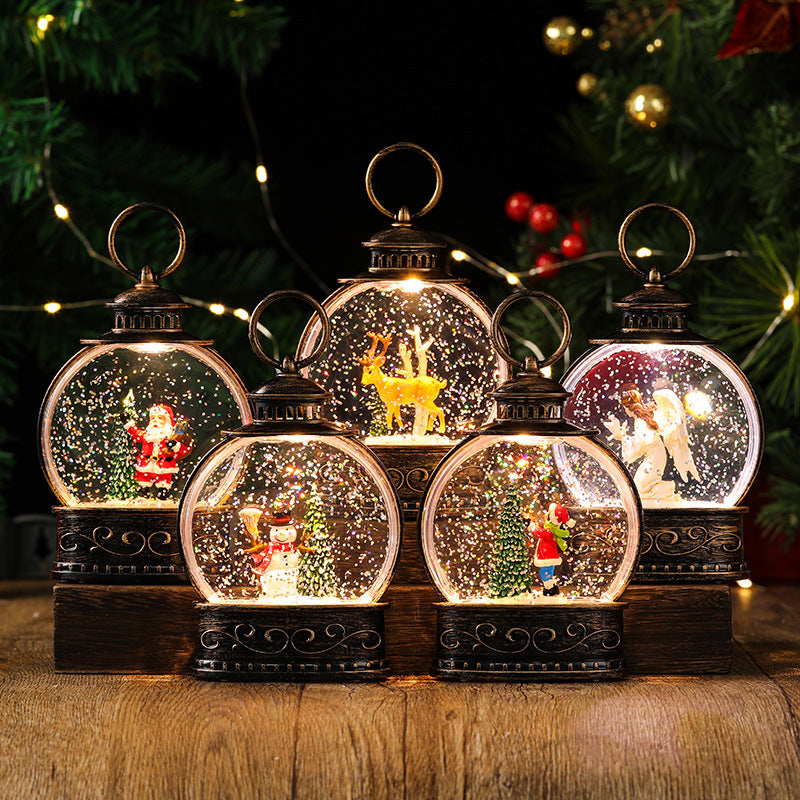 Christmas decorations, illuminated interior scene, water-filled flat round lanterns, electronic candles, flame lights, scene setup.