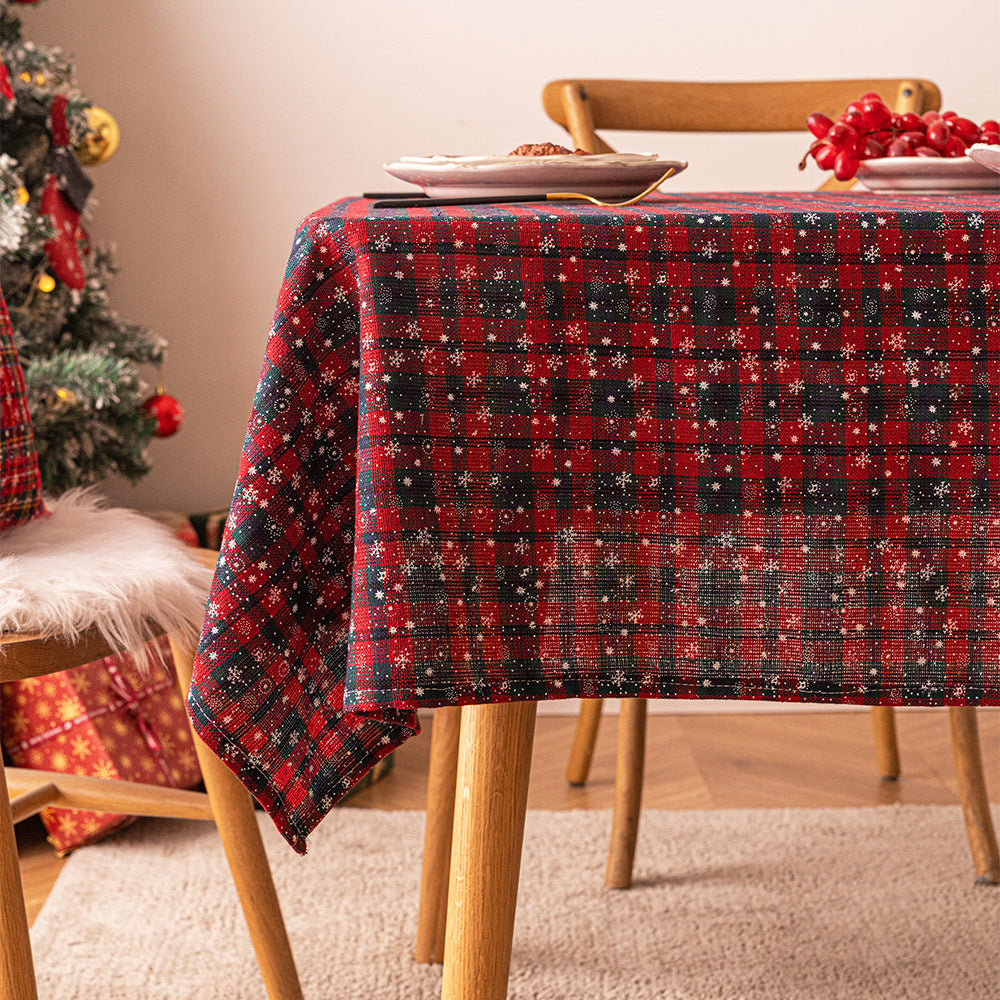 Christmas checkered snowflake printed rectangular coffee tablecloth, Christmas decorative tablecloth, atmospheric backdrop