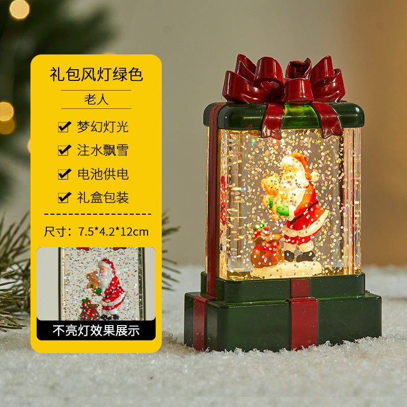 Christmas decorations, illuminated interior scene, water-filled flat round lanterns, electronic candles, flame lights, scene setup.