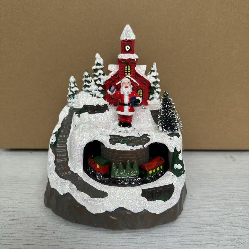Multiple Christmas rotating resin light-up music box ornaments, rotating train decorations, Christmas gifts.