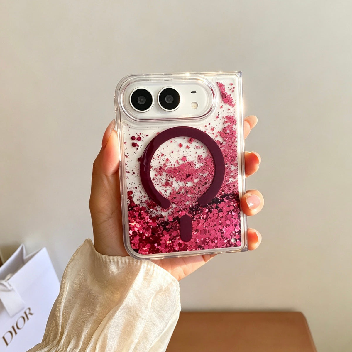 Simple magnetic quicksand cherry red Apple iPhone 18 Duo case, foldable and drop-proof.