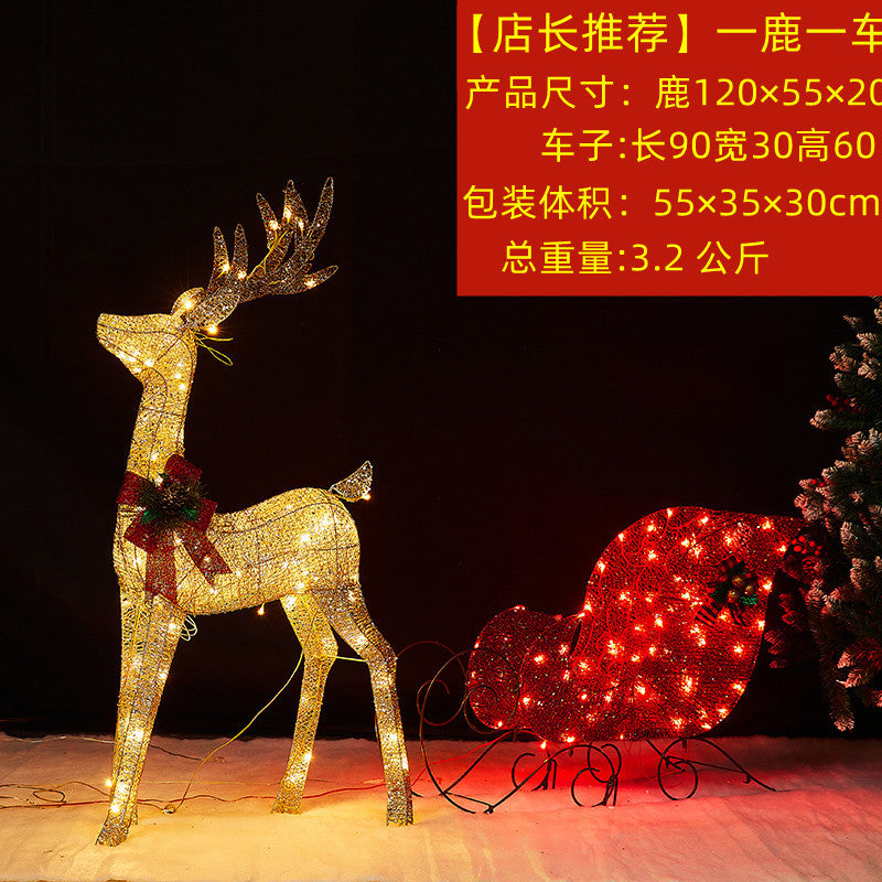 Christmas glowing deer decoration for shopping malls, outdoor wrought iron deer with lights, lawn and yard lighting, Christmas deer pulling a sleigh ornament.