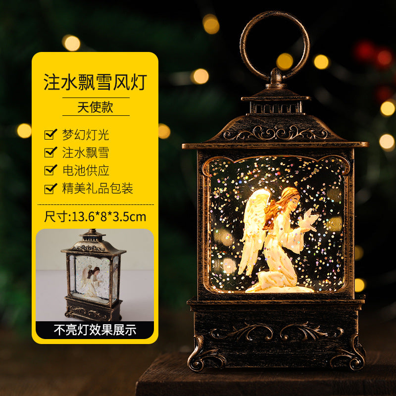 Christmas decorations, illuminated interior scene, water-filled flat round lanterns, electronic candles, flame lights, scene setup.