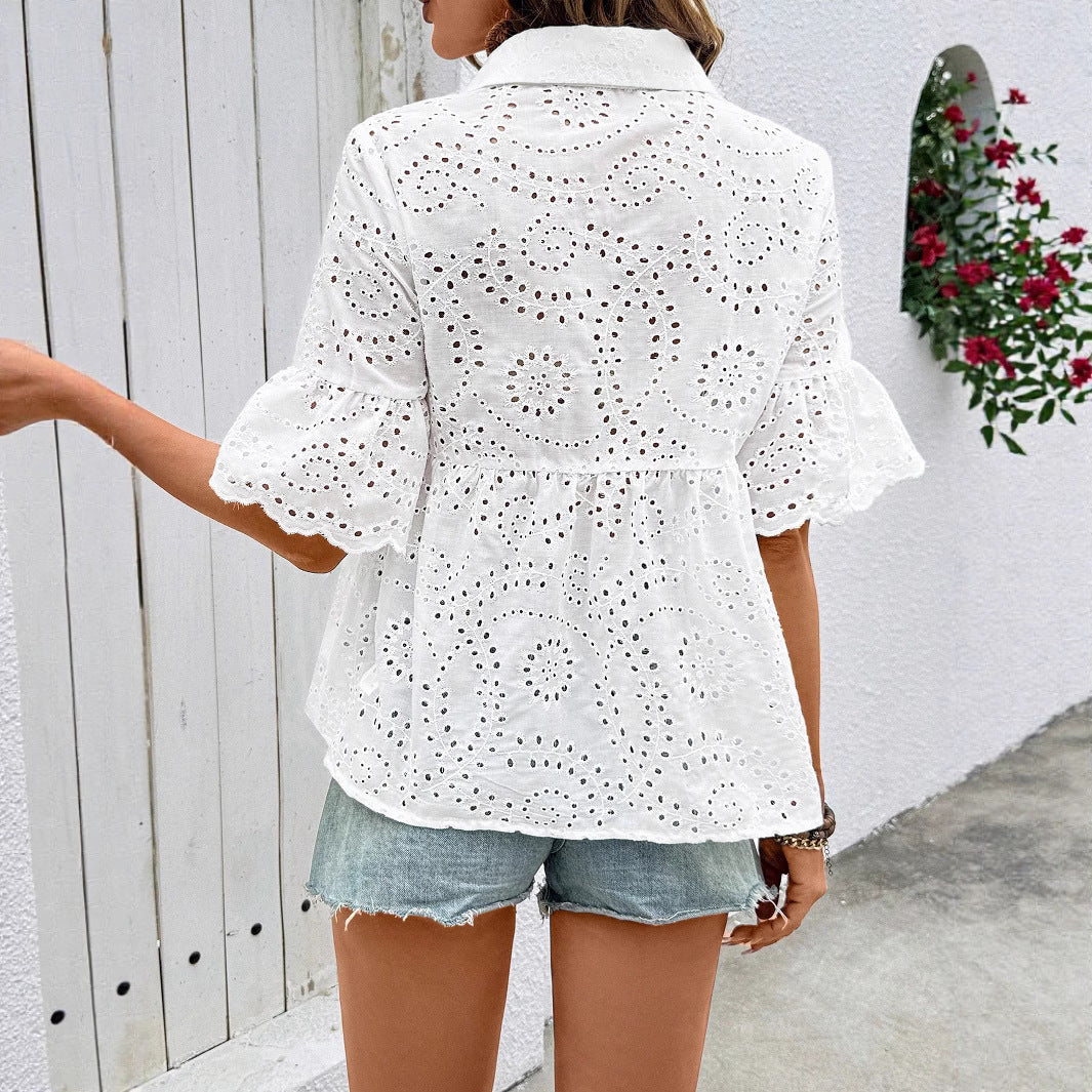 2026 Spring/Summer Foreign Trade European and American Cross-border E-commerce Mid-Sleeve Collared Cardigan with Lace Trim and Hollow-Out Pure White Chiffon T-Shirt for Women