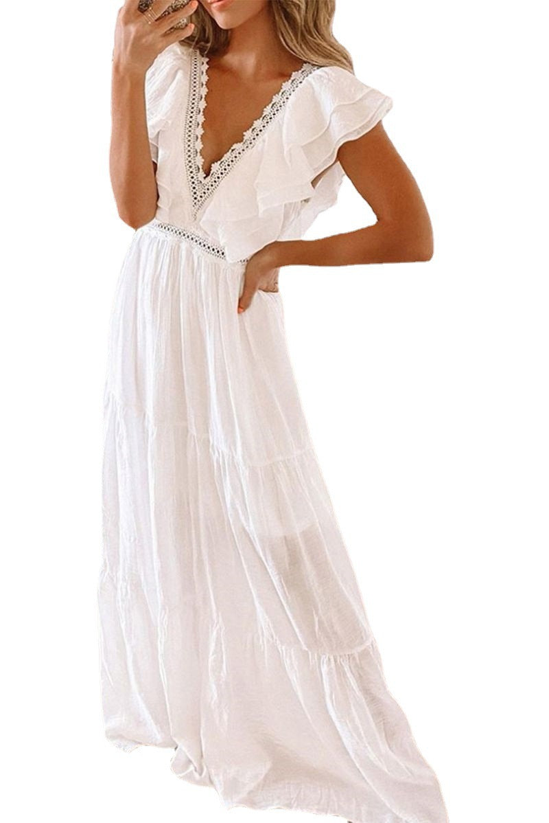 2026 European and American spring and summer new short-sleeved dress for women Amazon foreign trade white lace V-neck long dress