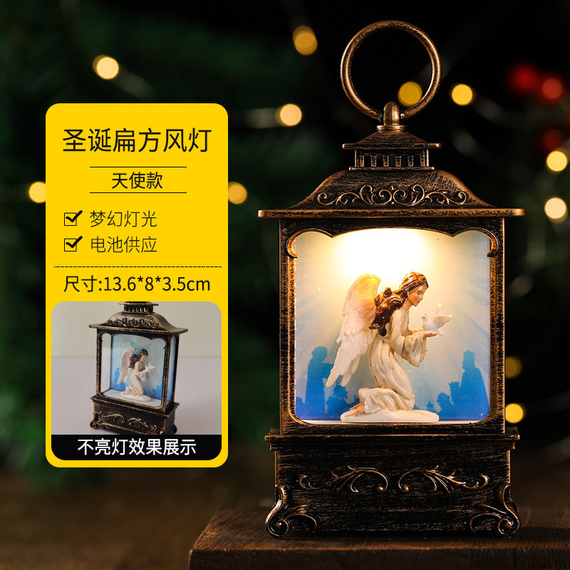 Christmas decorations, illuminated interior scene, water-filled flat round lanterns, electronic candles, flame lights, scene setup.