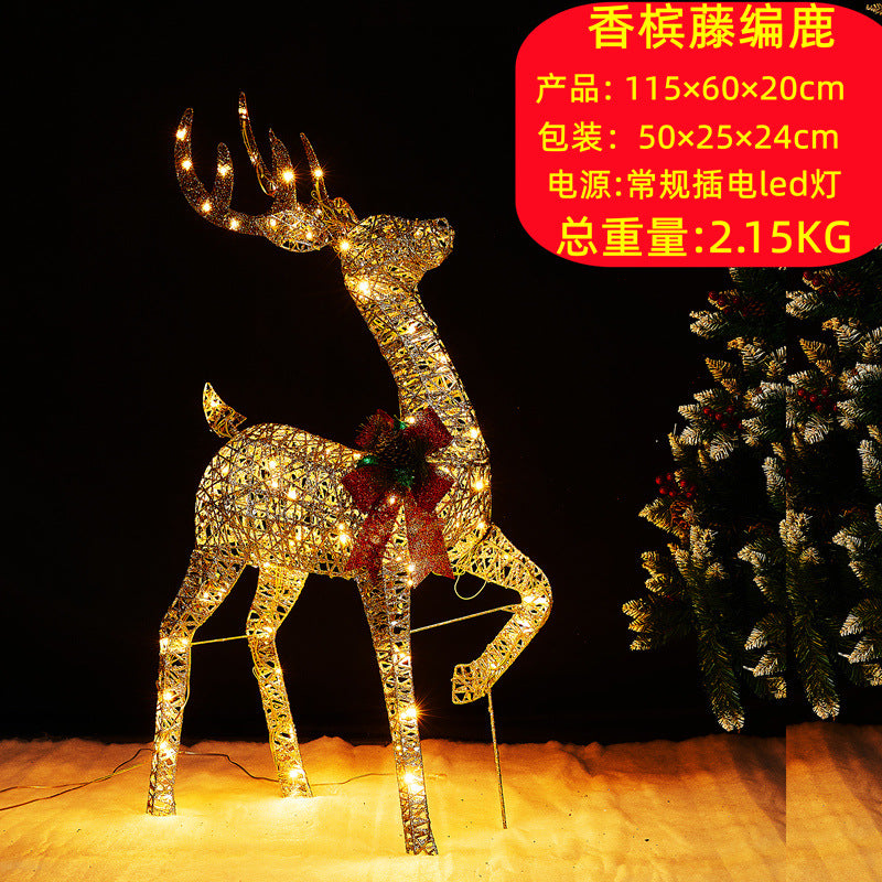 Christmas glowing deer decoration for shopping malls, outdoor wrought iron deer with lights, lawn and yard lighting, Christmas deer pulling a sleigh ornament.