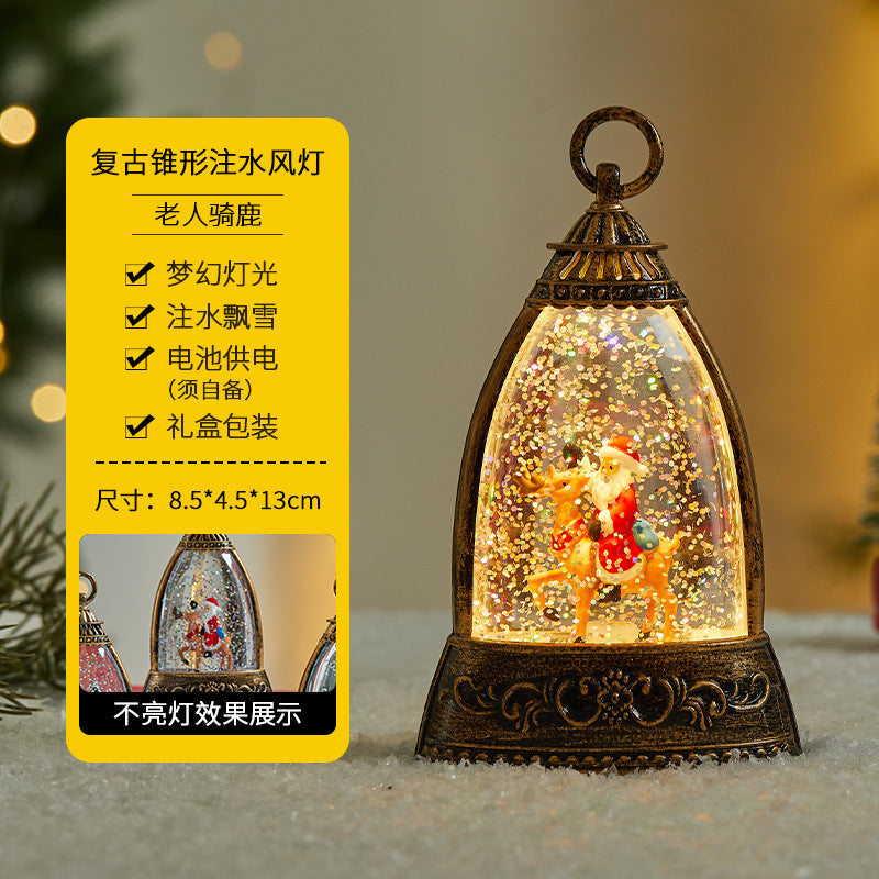 Christmas decorations, illuminated interior scene, water-filled flat round lanterns, electronic candles, flame lights, scene setup.
