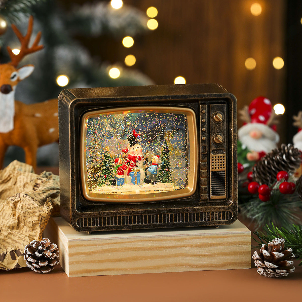 New Christmas Musical Snowflake Water-filled TV Night Light Gift Ornament Christmas Decoration Music Box