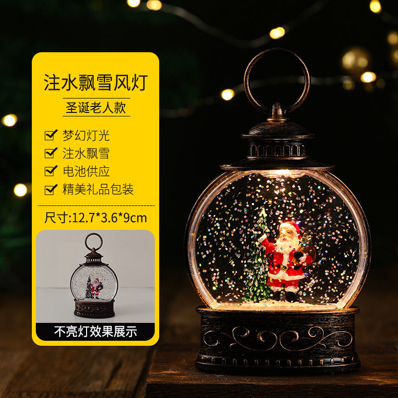 Christmas decorations, illuminated interior scene, water-filled flat round lanterns, electronic candles, flame lights, scene setup.