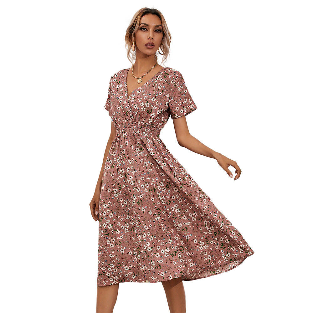 Amazon foreign trade women's clothing Europe and the United States Europe station cross-border summer small floral print short-sleeved dress